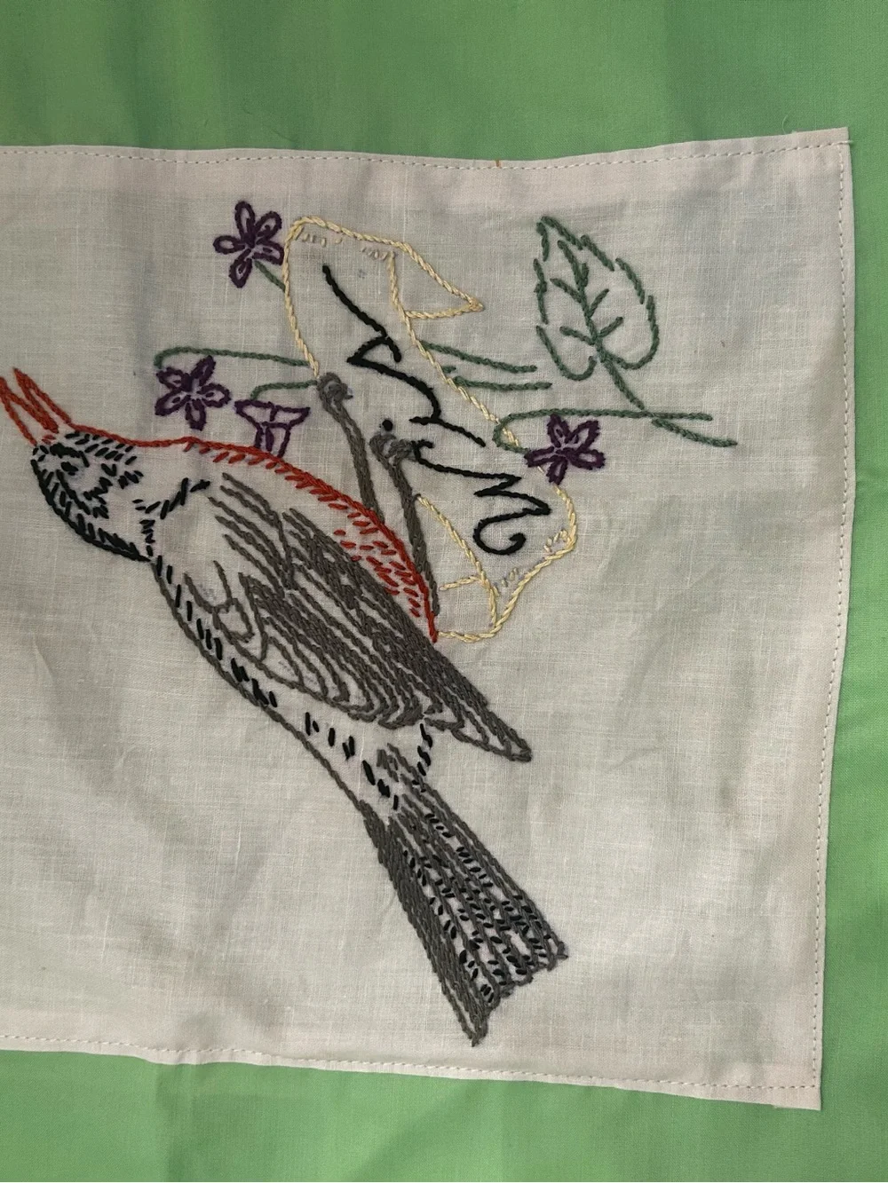 2 Vintage Embroidered Cardinal Pillowcase Shams - Mint Green